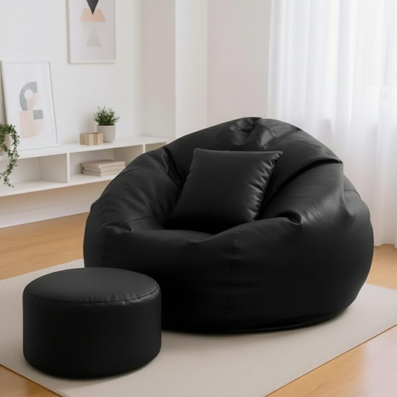 Image of Biggie Bean Bag with Beans Filled 5XL Comfort Haven Bean Sofa-Built for Relaxation-Finished with Elegant Touch with Free Cushion & Footrest (Matching Color : Leatherette Black)