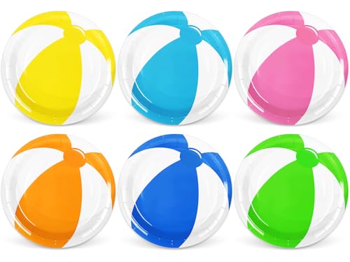 Whaline Summer Pool Ball Paper Plates 6 Designs Colorful Beach Ball Disposable Plate 6 Designs Tableware Plates 9 Inch for Swimming Party Supplies Table Decor, 24Pcs