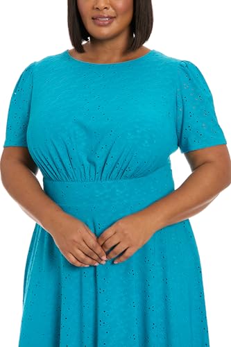 Image of London Times Women's Women's Eyelet Midi A-line Dress with Puff Sleeves - Gathered Waist Empire Cut - Wedding Guest Dress