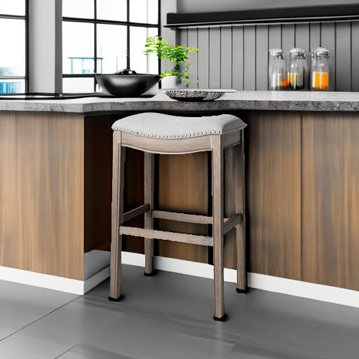 Miniatura 5 de Maven Lane Adrien Taburete de bar sin espalda, asiento de silla de montar de 31 pulgadas con reposapiés, marco de madera maciza gris y tapicería de