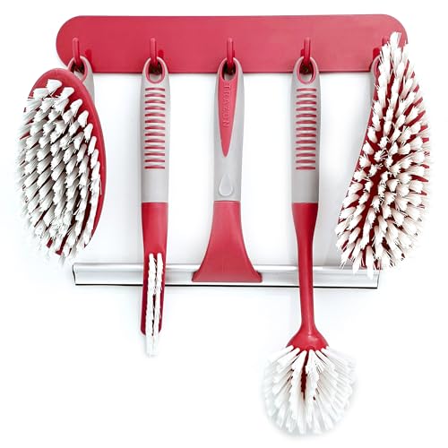 Image of Scrub Brush Set of 6 pcs - Red or Blue Randomly Color, Cleaning Shower Scrubbers with Squeegee for Shower Glass & Adhesive Wall Hooks Including Grout Cleaner Brush for Cleaning Bathroom, Tile