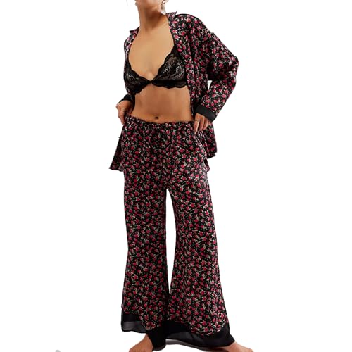 Image of Women Satin Pajama Set Floral Silk Pajamas 2 Piece Lounge Sets Button Down Shirts Wide Leg Pants Pjs Sleepwear
