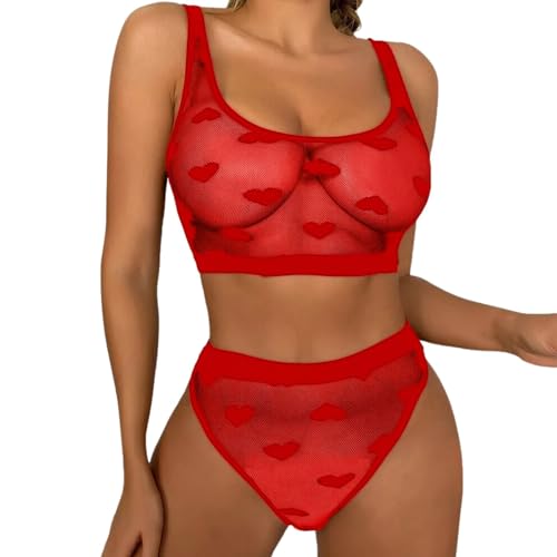 Ensemble lingerie transparente maille pour femme avec nuisette motif cœur