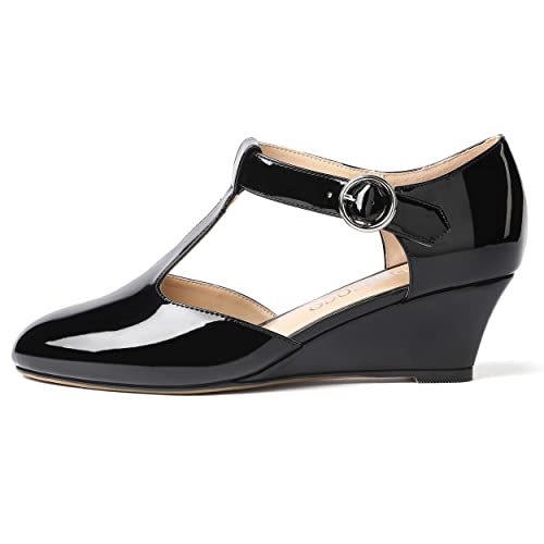 MODENCOCO Women's T Strap Patent Buckle Party Round Toe Fashion Wedge Low Heel Pumps Dress Shoes 2 Inch2