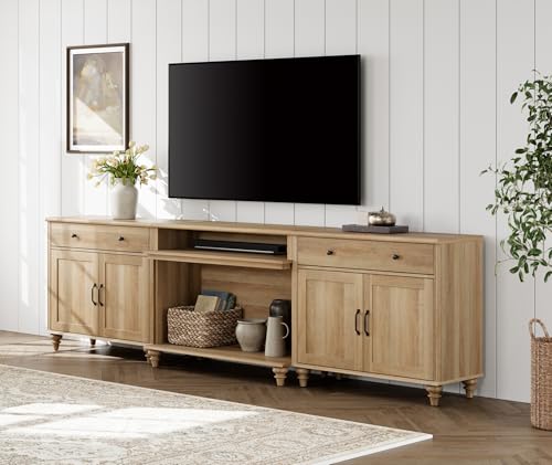 Rustic TV Stand for Large TVs with 8 Storages, Oak