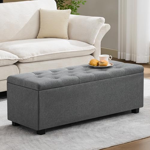 PoteSoar 43 Ottoman with Storage and Sturdy Metal Frame Tufted Upholstered Storage Bench Modern Footboard Hideaway Chest with Removable Lid and Footrest for Living Room Entryway (Dark Gray)