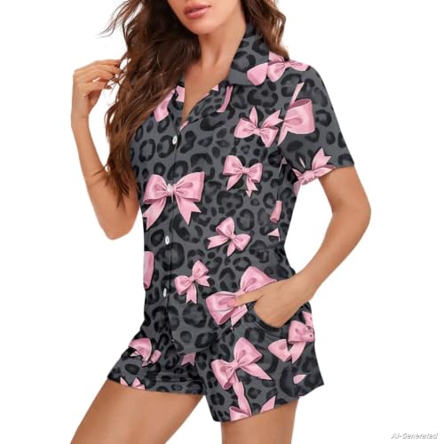 Image of Renewold Button Down Womens Pajama Set Short Sleeve Loungewear Bow Nightwear Sleepwear Night Suit Tops Shorts 2 Pieces
