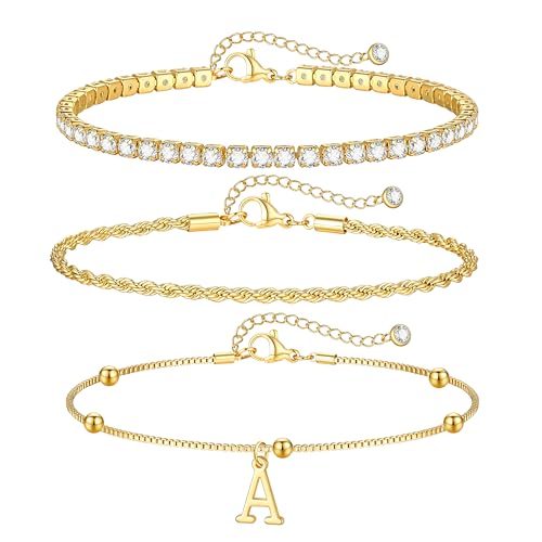 Image of Gold Bracelets for Women Girls - Dainty Gold /Silver Bracelet Stack Jewelry Set Personalized Initial Bracelets Cute Stackable Rope Box Chain Tennis Bracelets Gifts for Women Teen Girl Gifts