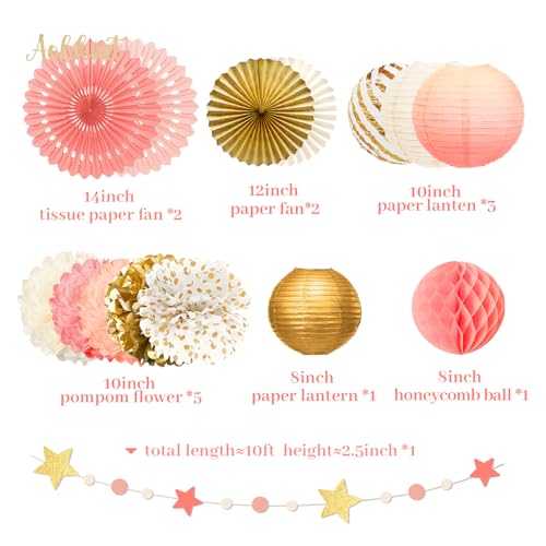 Image of AOBKIAT Pink Gold Party Decorations Kit for Women Girls Birthday,19PCS | with Pom Poms Flowers,Lanterns,Fans,Star Garlands,Swirls for Bridal Shower,Baby Shower,Wedding,Bachelorette,Princess Party
