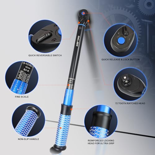 Image of Drive Click Torque Wrench, 3 /8 inch 10-120Ft.Lb, torque wrench for Car | Dual-Direction Adjustable 72 Tooth Click Torque Wrench for Bike, Motorcycle,Professionals & DIYers,Blue