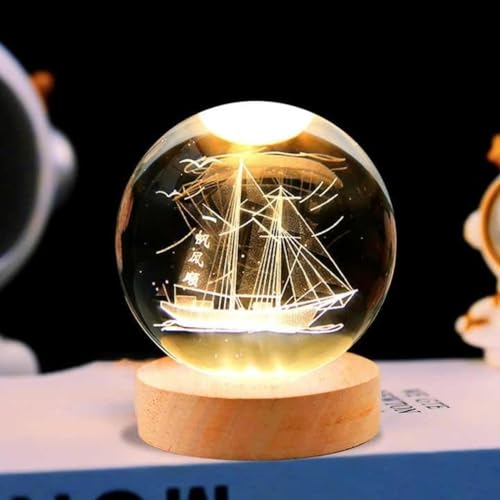 Image of 3D Crystal Ball LED Night Lamp with Wooden Base | Warm Light Bedside Table Lamp for Bedroom, Living Room, Kids Room, Study, Home Decoration & Gifting (Ship)