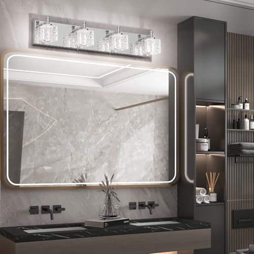 Image of Ralbay Modern LED Chrome Vanity Lights - 4 Lights Crystal Bathroom Light Fixtures Over Mirror