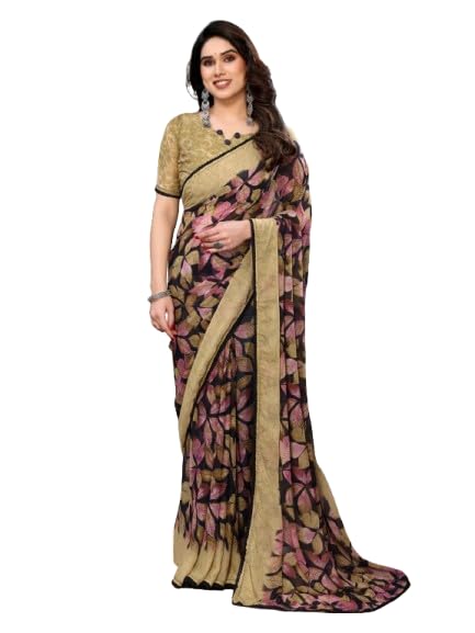 Women's Black and Fuchsia Pink Leaf Print Heavy Chiffon Saree with Matching Lace Border and Unstitched Blouse Piece for Festive-image-30