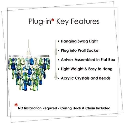 Image of gypsy color The Original Brink House Plug-in 1 Light Blue Green Hanging Dome Chandelier H10 inchxW11.5 inch, Silver Metal Frame with 5 Tiers of Acrylic Crystals