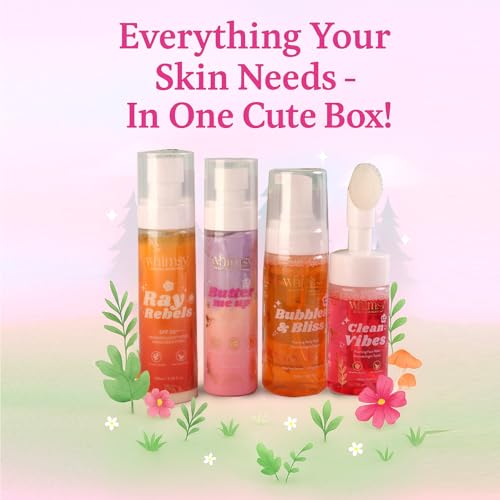 Image of Whimsy Beauty Glow Up Body Care Set (Pack of 4) | Foaming Body Wash, Face Wash, Moisturizer & SPF 50 Sunscreen Spray | Gentle Skincare with Aloe Vera, Shea Butter & Vitamin E | 4 to 16 Years | Organic, Natural Formula | Sulfate & Paraben Free | Dermatologist Tested