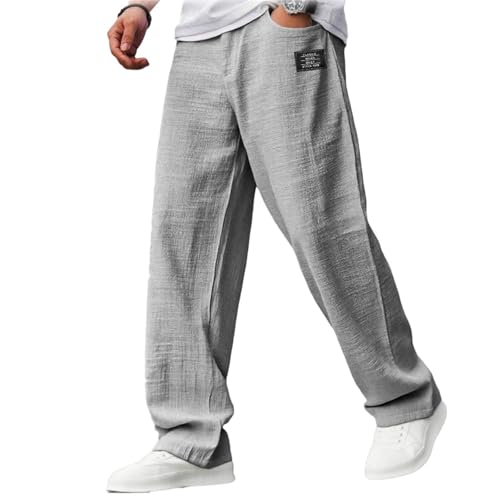 Mokaloha Mens Pants, Men's Casual Hemp Embroidered Logo Drawstring Loose Elastic Waist Pocket Trousers