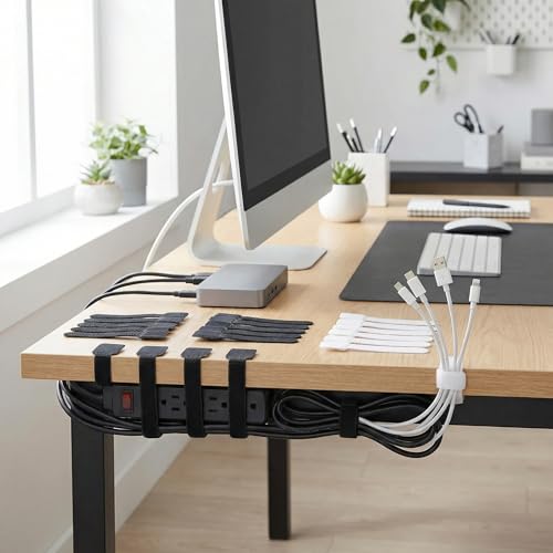 24 pcs Cable Ties, Black and White Self-Adhesive No Drill Anti Tip Adhesive Safety Under Desk Cord Management for Home and Office Stand Accessories (24) miniatura 2