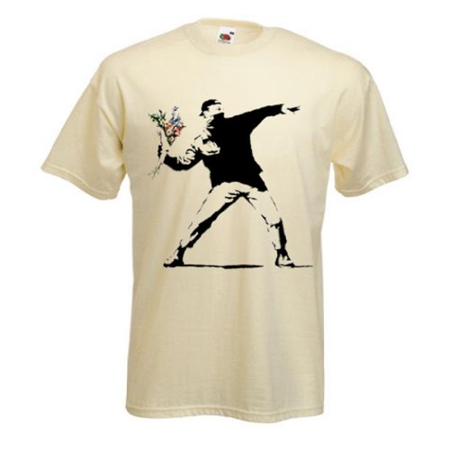 Banksy Camiseta - Flor Tirador - Natural, Large