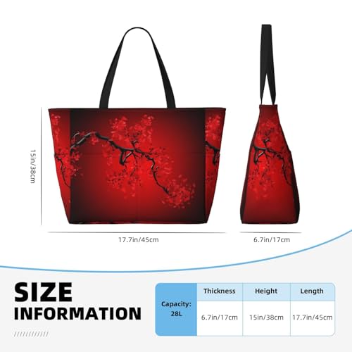 Red Cherry Blossom Print Large Capacity Beach Tote Bag for Women, Waterproof Beach Travel Bag3