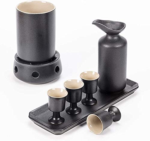 Sake Set Tea Pots, 8-Piece Sake Set, Black Glaze 10 Oz Wine Glass Set with Candle Stove and Warming Pot Tray, Quaint Sake Set, for Cold/Warm