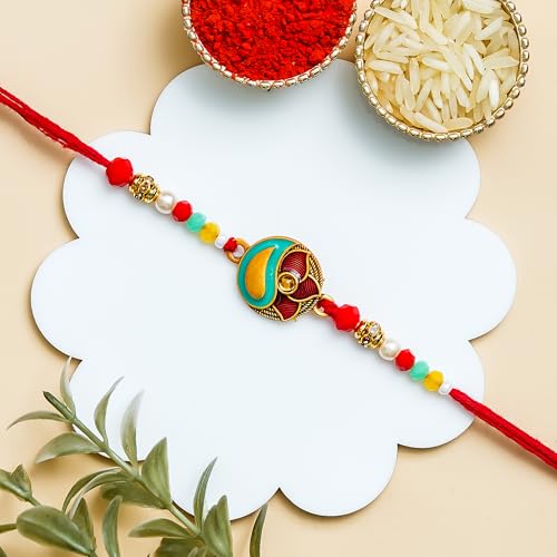 Image of Rakhi for Brother Combo of 2 Rakhi for Men with Fridge Magnet, Roli Chawal Best Wishes Greeting Card