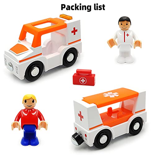 Magnetic Trains Cars Playset Wooden Train Track Accessories Station Wagon Train Set for Toddlers 3-5 Wooden Train Sets for Boys Girls Ages 3-4-7 (Ambulance B (with Light and Sound))