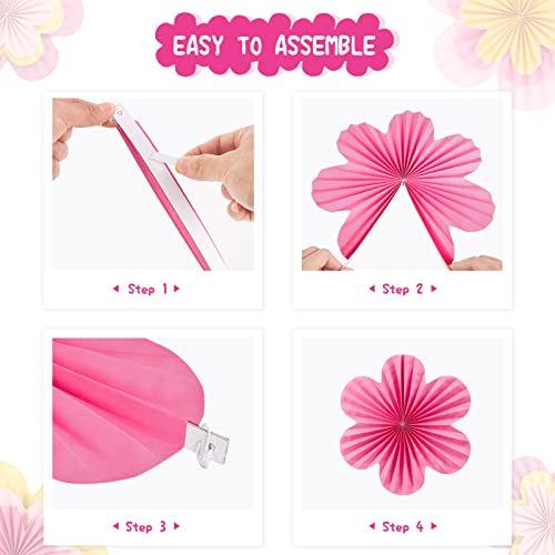 Image of Easy Joy Paper Flowers Decorations for Wall Paper Fans Classroom Decoration Paper Floral Backdrop Decor Paper Fans Decoration Hanging Paper Fans Pink Flower Wall Decor, Set of 9