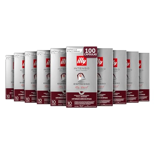 illy, Café en Cápsulas Compatibles en Aluminio INTENSO, 100% Arábica con Notas de Cacao y Frutos Secos, Sabor Decidido y Intenso, 10 Paquetes de 10 (100 Cápsulas en Total)