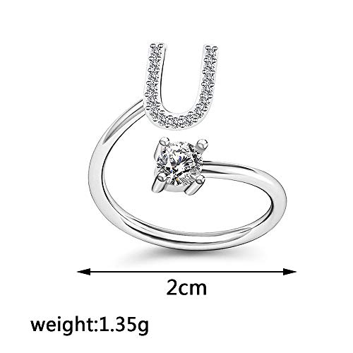 Image of HUJUON Silver Initial Letter Ring for Women. Adjustable Crystal Alphabet Ring,Name Initials Stackable Knuckle Rings A-Z CZ Open Ring