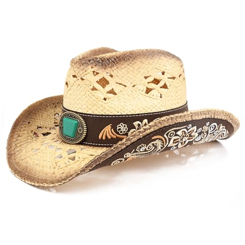 Men's Women Western Cowboy Hat?Cowgirl Straw Hat?Faux Suede Embroidered Sun Hats (US, Alpha, One Size, X-Large, Beige)