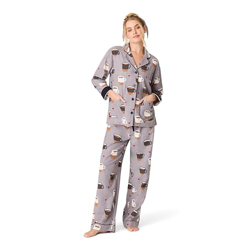 P.J. Salvage Women's Cotton Flannel Long-Sleeve Top, Pant and Headband 3-Piece Pajama Set, Love You A Latte, Large