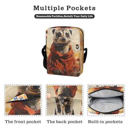 Crossbody Sling Bag for Women Men, Zipper Closure Messenger Bags Meerkat Wild Field Print with Card Phone Passport Compartment 6.6×9.4×2.5 IN2