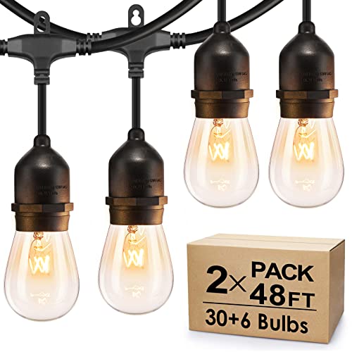 2-Pack 48Ft Dimmable Outdoor Bistro String Lights for Patio, Waterproof Hanging Vintage 11W Edison Bulbs, 48Ft Commercial Lights String Perfect for Cafe Backyard Pergola, Blk(96ft)