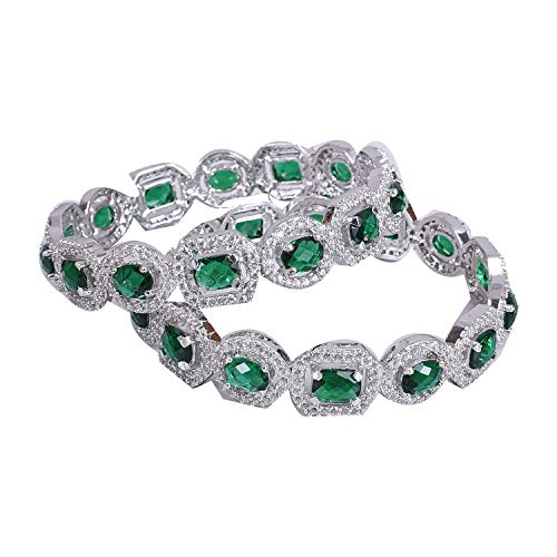 Image of RATNAVALI JEWELS American Diamond Studded Silver Plated Traditional Emerald Green CZ /Diamond Bangles for Women /Girls RV1938GW