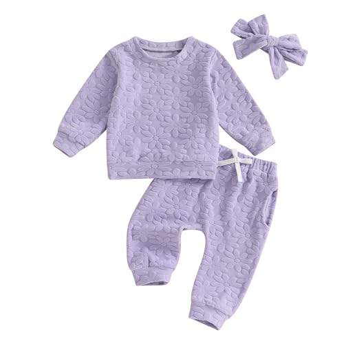 Image of NEVUQO Toddler Newborn Baby Girl Clothes Daisy Floral Sweatshirt Jogger Pants Set 3Pcs Outfit Fall Winter Tracksuit Sweatsuit