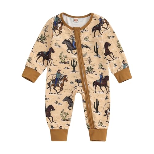 Image of Karwuiio Baby Boy Girl Western Clothes Cow Print Long Sleeve Romper Jumpsuit One Piece Newborn Fall Winter Outfit