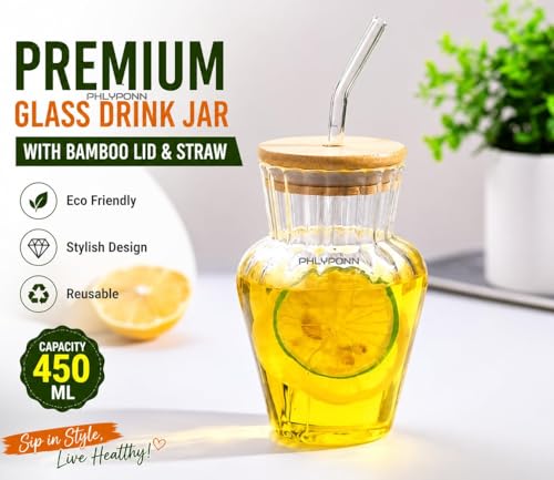 Image of COOLBIT 450ml Premium Clear Glass Tumbler with Bamboo Lid & Glass Straw, Reusable Juice Cup for Water, Smoothies, Iced Coffee - Durable & Eco-Friendly Design