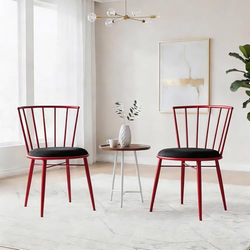 Image of Amazon Brand- Solimo Iron Chair with Cushioned Seat | Comfortable & Plush Seating | Rustic Finish | Durable Metal Frame | Ideal for Living Room, Dining & Bedroom | Set of 2 | Red