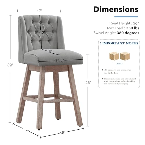 Image of Counter Height Bar Stools Set of 3, 360Swivel Bar Stools with Back and Wood Legs, 26 inch Morden Linen Fabric Upholstered Barstools for Kitchen Island Dining Room Bar (Grey, 3PCS-26inch)