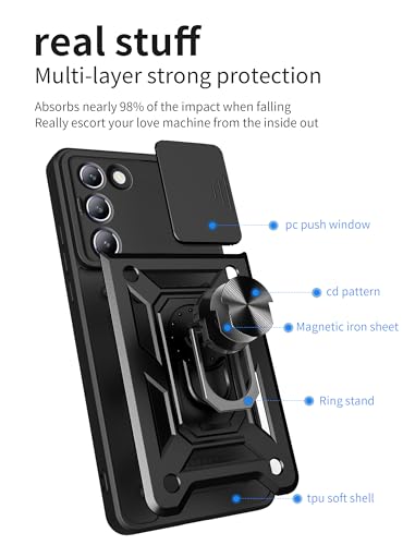Image of SPAZY CASE Vivo T3 5G Back Case | Heavy Duty Hybrid Case with 360 Degree Rotating Finger Ring Holder + Slider Shutter Camera Protection Cover for Vivo T3 5G 5G - Black