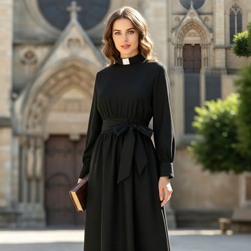 Image of CAMDOM Church Clergy Dress for Women Long Sleeve A Line Elegant Maxi Dress with Tab Insert Stand Collar and BeltA