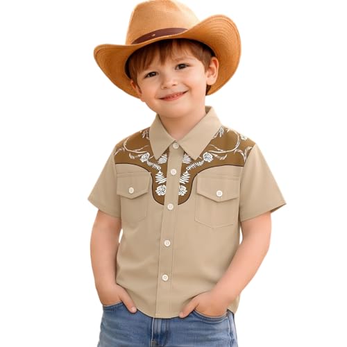KEKEMI Kid Toddler Boys Cowboy Shirts Western Retro Button-Down Shirt Rodeo Party Farm Country Tops with Two Pockets Clothes(Khaki-1 5T)