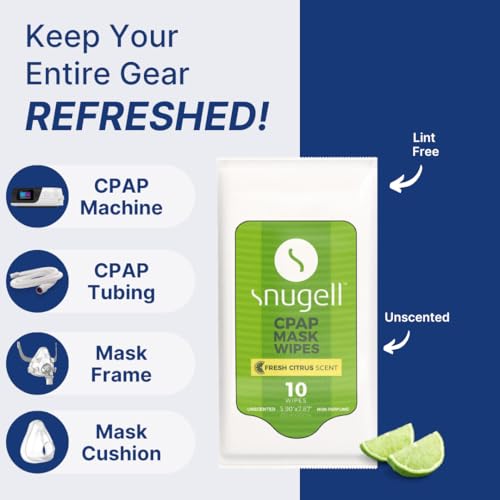 Image of Snugell Citrus Scented Travel CPAP Mask Wipes - 12 Packs 10 Sheets Each - 100% Soft Cotton - Skin-Safe with Aloe Vera - Lint and Alcohol Free- Perfect for Quick and Efficient Cleaning of CPAP Masks