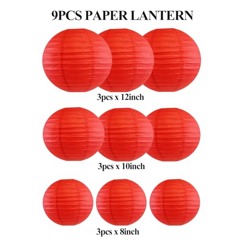 Image of 9pcs Paper Lanterns Assorted Sizes (8 inch 10 inch 12 inch) Hanging Red Chinese Lanterns Graduation Decorations Classroom Graduation Party Wedding Birthday Home Decor (Red)