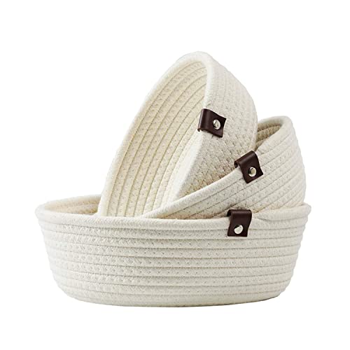 3 Pieces Small Storage Baskets, Cottom Rope Woven Storage Basket Organizer for Kids Toy and Shelves (White)