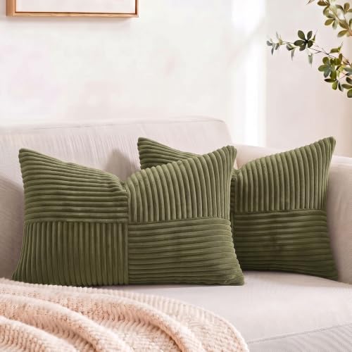 Image of Fancy Homi 2 Packs Olive Green Lumbar Decorative Throw Pillow Covers 16x32 Inch for Living Room Couch Bed, Farmhouse Boho Home Decor, Soft Striped Corduroy Rectangle Accent Cushion Case 40x80 cm