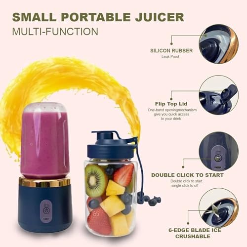 Image of ZENOVIA Portable Juicer Bottle with Dual Cup, Blue | USB Rechargeable, Smoothie Maker, Leakproof, Mini Juicer, Travel, Gym & Kitchen
