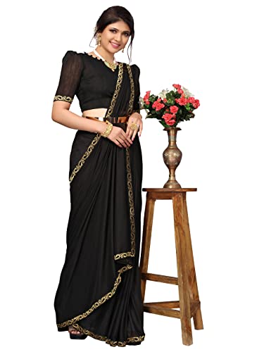 Image of SIRIL Women's Lace & Peral Work Lycra Saree with Unstitched Blouse Piece