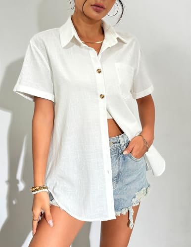 Zeagoo Womens Button Down Linen Shirt Short Sleeve Cotton Blouse Summer Casual Loose Fit Beach Tops S-2XL3