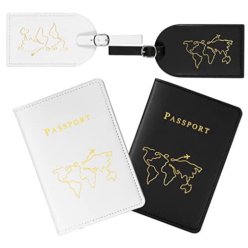Yizhet 4 x Kofferanhänger und Reisepasshülle Set, Gepäckanhänger Kofferanhänger mit Adressschild für Gepäck Koffer Tasche, Reisepasshalter für Kreditkarten Ausweis und Reisedokumente (Schwarz+Weiß) Cover